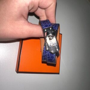 Hermes kelly double tour blue & silver croc leather bracelet